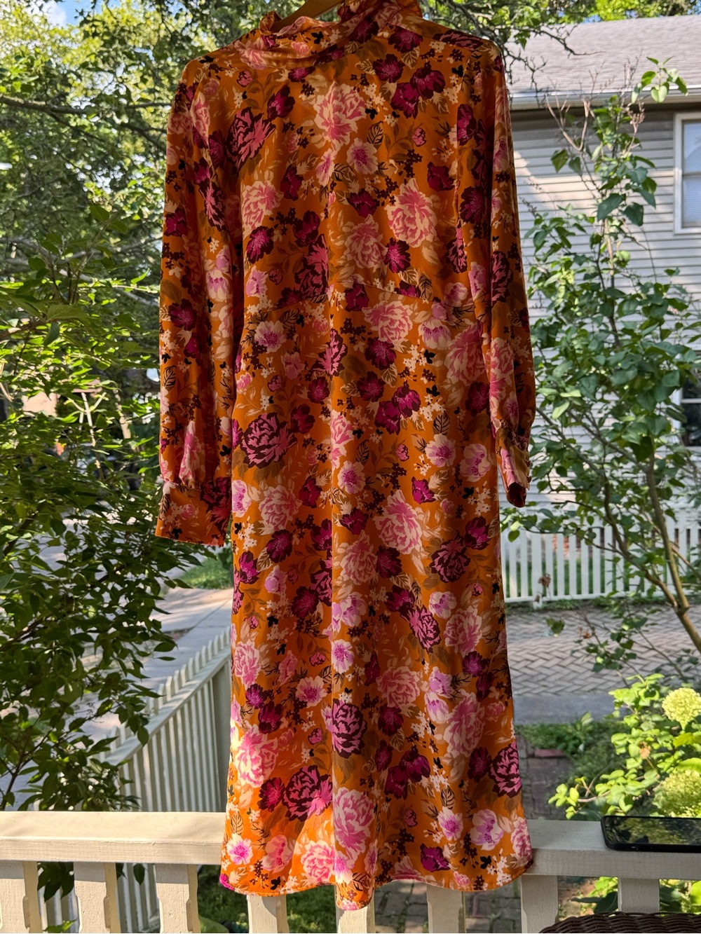 Women's Floral Orange Midi Dress with Pink Accents